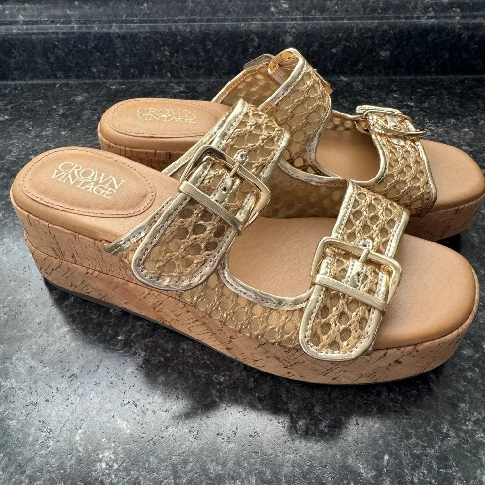 Crown Vintage Strappy Buckle Cork Platform Wedge Gold Sandal Woven Cane Women 10
